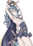  1girl animal_ears arm_up armpits ass bangs black_cape black_gloves blue_hair blush breasts brown_eyes cape closed_mouth cowboy_shot ebifurya eyebrows eyebrows_visible_through_hair ferry_(granblue_fantasy) from_side frown gloves granblue_fantasy hair_between_eyes highres holding holding_whip long_hair looking_at_viewer rabbit_ears ribs simple_background sleeveless small_breasts solo standing thighs wavy_hair whip white_background 