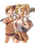  2girls bag bag_charm bangs beatrix_(granblue_fantasy) blonde_hair blue_eyes blue_necktie breasts brown_eyes brown_hair cardigan carrying_over_shoulder character_doll clothes_around_waist collared_shirt contemporary covering_mouth cowboy_shot dress_shirt eyelashes fingernails granblue_fantasy hair_intakes hair_ornament hair_scrunchie hairband holding lacrosse_stick large_breasts long_fingernails long_hair looking_at_viewer miniskirt multiple_girls necktie one_eye_closed parted_bangs plaid plaid_skirt pleated_skirt ponytail red_necktie school_bag school_uniform scrunchie shirt short_sleeves shoulder_bag simple_background skirt smile stuffed_animal stuffed_toy sweater_around_waist sweater_vest tears twintails vee_(granblue_fantasy) w walking white_background white_shirt wolfedge yawning zeta_(granblue_fantasy) 