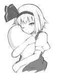  1girl ;o hair_ribbon hairband headband hitodama hug ishimu konpaku_youmu konpaku_youmu_(ghost) monochrome object_hug one_eye_closed puffy_short_sleeves puffy_sleeves ribbon short_hair short_sleeves solo touhou upper_body vest 