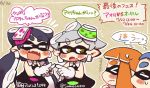  &gt;_&lt; +_+ 1boy 3girls =_= aori_(splatoon) bare_shoulders black_dress black_hair blue_hair blush blush_stickers closed_eyes commentary_request cousins dated detached_collar domino_mask dress earrings eyebrows fangs food food_on_head gloves hat hotaru_(splatoon) inkling jewelry long_hair mask multiple_girls object_on_head open_mouth orange_hair pointing pointy_ears same_anko short_hair silver_hair splatoon strapless sweatdrop symbol-shaped_pupils tentacle_hair tentacles thick_eyebrows translation_request twitter_username white_gloves yellow_eyes 