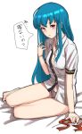  1girl barefoot blue_hair blush full_body hinanawi_tenshi long_hair looking_at_viewer michihasu no_pants panties parted_lips red_eyes ribbon shirt short_sleeves simple_background sitting solo speech_bubble text touhou translation_request unbuttoned underwear white_background 
