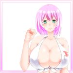  1girl blush breasts cleavage collarbone ebido green_eyes large_breasts lips pink_hair shirt short_hair smile tied_shirt topknot 