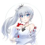  1girl blue_eyes earrings facial_scar highres iesupa jewelry necklace off_shoulder rwby scar side_ponytail solo weiss_schnee white_hair 