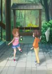  2girls bangs blue_shorts brown_eyes brown_hair butterfly_net casual denim denim_shorts forest girls_und_panzer hand_net holding ikomochi long_sleeves looking_at_viewer multiple_girls nature nishizumi_maho nishizumi_miho open_mouth outdoors pants shirt short_hair shorts siblings sisters smile standing tank_top younger 