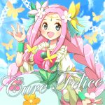  1girl :d blue_eyes blush butterfly character_name cure_felice flower ha-chan_(mahou_girls_precure!) hair_flower hair_ornament hanami_kotoha hiyopuko long_hair magical_girl mahou_girls_precure! open_mouth pink_hair precure smile solo twintails wrist_cuffs 