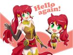  belt breasts chibi chibi_inset circlet cleavage earrings english gorget green_eyes highres iesupa jewelry leg_armor navel opera_gloves ponytail pyrrha_nikos redhead rwby smile 