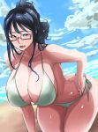  1girl bare_shoulders bikini black_hair blush breasts cleavage clouds collarbone curvy glasses green_bikini hanging_breasts huge_breasts leaning_forward long_hair looking_at_viewer ogura_anko one_piece red-framed_eyewear short_hair sky solo swimsuit tashigi thick_thighs thighs wide_hips 