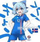  1girl alternate_costume blue_eyes blue_hair bow cirno euro_2016 flag fujii_jun hair_bow hands_on_hips ice ice_wings iceland icelandic_flag open_mouth short_hair short_sleeves shorts soccer soccer_uniform solo sportswear teeth touhou translated white_background wings 