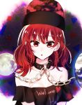  1girl aura bangs black_hat black_shirt breasts chromatic_aberration cleavage clothes_writing collar collarbone earth_(ornament) gold_chain hat heart_print hecatia_lapislazuli long_hair looking_at_viewer medium_breasts moon_(ornament) nmbit off-shoulder_shirt parted_lips red_eyes redhead shapes shiny shiny_hair shirt solo space touhou upper_body 