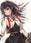  1girl asashio_(kantai_collection) black_hair blue_eyes blurry confetti depth_of_field hair_over_one_eye kantai_collection long_hair remodel_(kantai_collection) ribbon solo wind youqiniang 