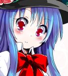  1girl blue_hair blush c: commentary_request favfavver2 food fruit hat hinanawi_tenshi long_hair peach red_eyes smile solo touhou 