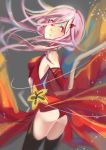  1girl 71pen ass bare_shoulders black_legwear commentary_request detached_sleeves elbow_gloves gloves guilty_crown hair_ornament hairclip looking_at_viewer pink_hair red_eyes sketch solo twintails yuzuriha_inori 