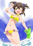  1girl ;d battle_girl_high_school bikini blush_stickers breasts brown_eyes brown_hair dolphin_hair_ornament fang kanoe looking_at_viewer minami_hinata one_eye_closed open_mouth partially_submerged short_hair short_twintails smile solo swimsuit twintails water water_gun yellow_bikini 