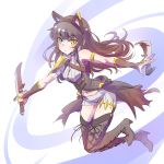  1girl animal_ears armor black_hair blake_belladonna blue_eyes boots breasts bridal_gauntlets cat_ears cleavage copyright_request dual_wielding fake_animal_ears headband heterochromia highres iesupa navel rwby shoulder_armor solo thigh-highs thigh_boots yellow_eyes 
