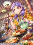  2girls animal_ears eating fire_emblem fire_emblem:_akatsuki_no_megami fire_emblem_cipher food fumi_(butakotai) ilyana long_hair multiple_girls nailah plate purple_hair silver_hair violet_eyes wolf_ears 