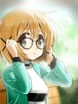  1girl artist_name bench bespectacled blush brown_eyes brown_hair casual glasses hair_ornament hairclip hidamari_sketch jacket long_sleeves looking_at_viewer open_mouth percy_pyl short_hair signature solo turtleneck upper_body x_hair_ornament yuno 