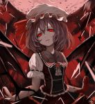  1girl alternate_costume bat_wings blood bloody_hands hat hat_ribbon highres looking_at_viewer mob_cap open_mouth red_eyes remilia_scarlet ribbon short_hair short_sleeves signature solo touhou upper_body wings yi_(sad55566777) 