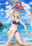  2girls :d beach bikini blonde_hair blush braid fate/grand_order fate_(series) flag jeanne_alter kurose_nao long_hair multiple_girls ocean open_mouth ruler_(fate/apocrypha) ruler_(fate/grand_order) short_hair side-tie_bikini single_braid smile solo_focus swimsuit wet yellow_eyes 