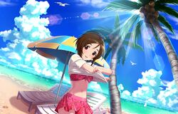  1girl artist_request beach bikini blush brown_eyes brown_hair clouds cloudy_sky doumyouji_karin idolmaster idolmaster_cinderella_girls idolmaster_cinderella_girls_starlight_stage looking looking_at_viewer messy_hair official_art palm_tree short_hair sky solo swimsuit tree umbrella undressing 