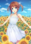  1girl :d blue_eyes brown_hair dress flower high_school_fleet highres misaki_akeno open_mouth pasdar short_hair smile sundress sunflower twintails 