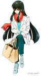  1girl ankle_boots black_hair blue_eyes blue_skirt blush boots denim eyebrows fashion fringe h0saki highres invisible_chair jacket jeans kill_la_kill kiryuuin_satsuki long_hair pale_skin pants red_scarf scarf sitting skirt solo stitched sunglasses thick_eyebrows 