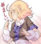  1girl ahoge anger_vein angry arm_support blonde_hair closed_eyes commentary_request japanese_clothes jealous mizuhashi_parsee open_mouth pointy_ears scarf shouting solo touhou translated yokoshima_(qb74pnkp) 