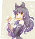  1girl bag bare_shoulders black_hair blake_belladonna bow detached_sleeve fang food food_in_mouth from_side hair_bow highres iesupa long_hair looking_at_viewer mouth_hold paper_bag paw_print rwby smile solo taiyaki upper_body wagashi yellow_eyes 