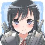  1girl asashio_(kantai_collection) black_hair blue_eyes commentary_request eyebrows eyebrows_visible_through_hair kantai_collection kuromu_(underporno) light_smile long_hair looking_at_viewer necktie red_necktie remodel_(kantai_collection) smug solo turret upper_body 