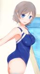  1girl arms_behind_back ass blue_eyes blush breasts brown_hair competition_school_swimsuit competition_swimsuit cowboy_shot highres looking_at_viewer love_live! love_live!_sunshine!! mitsuba_(watergarden) one-piece_swimsuit open_mouth pool poolside short_hair sketch smile solo standing swimsuit watanabe_you water 