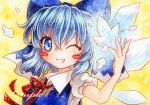  blue_dress blue_eyes blue_hair blush_stickers bow cirno dress grin hair_bow ice ice_wings one_eye_closed puffy_short_sleeves puffy_sleeves qqqrinkappp red_ribbon ribbon sample short_hair short_sleeves smile teeth touhou traditional_media upper_body wings 