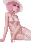  1girl bikini breasts cleavage hat open_mouth original pink_hair sharp_teeth short_hair simple_background sitting solo sun_hat swimsuit teeth thigh-highs violet_eyes white_background white_bikini white_legwear zakusi 