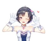  1girl bare_shoulders black_hair blush choker commentary_request dress face gloves idolmaster idolmaster_cinderella_girls idolmaster_cinderella_girls_starlight_stage jewelry limobok one_eye_closed open_mouth shiragiku_hotaru short_hair simple_background smile solo tiara upper_body violet_eyes white_background white_dress white_gloves 
