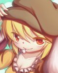  1girl absurdres animal_ears blonde_hair blue_background breasts cabbie_hat cleavage close-up dango dior-zi face food hand_on_headwear hat highres looking_at_viewer mouth_hold rabbit_ears red_eyes ringo_(touhou) short_hair skewer smile solo touhou wagashi 