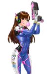  1girl absurdres armor bangs bodysuit bracer breasts brown_eyes brown_hair bubble_blowing bubblegum charm_(object) contrapposto covered_navel cowboy_shot d.va_(overwatch) emblem eyebrows eyebrows_visible_through_hair facepaint facial_mark gloves gum gun hand_up handgun hands_up headphones high_collar highres holding holding_gun holding_weapon legs_apart logo long_hair looking_at_viewer medium_breasts overwatch pauldrons pilot_suit ribbed_bodysuit shoulder_pads simple_background skindentation solo thigh_strap turtleneck weapon whisker_markings white_background white_gloves 