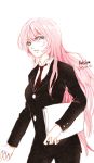  1girl artist_name blue_eyes dated formal funkid long_hair looking_at_viewer megurine_luka necktie pant_suit pink_hair sketch solo suit vocaloid white_background 