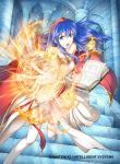  1girl blue_eyes blue_hair book dress fire fire_emblem fire_emblem:_fuuin_no_tsurugi fire_emblem_cipher lilina long_hair thigh-highs yamada_koutarou 