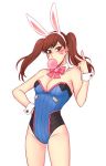  1girl adapted_costume alternate_hairstyle animal_ears bangs bare_shoulders breasts brown_eyes brown_hair bubble_blowing bubblegum bunny_girl bunny_print bunnysuit choker cleavage cowboy_shot d.va_(overwatch) detached_collar facepaint facial_mark fake_animal_ears gum hand_on_hip hand_up legs leotard long_hair looking_at_viewer m_mim medium_breasts overwatch rabbit rabbit_ears red_ribbon ribbon ribbon_choker simple_background solo strapless strapless_leotard twintails v whisker_markings white_background wrist_cuffs 