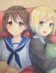  2girls blonde_hair blue_eyes blush brown_hair collarbone couch cover cover_page doujin_cover erica_hartmann film_grain highres leaning_on_person looking_at_viewer looking_to_the_side miyafuji_yoshika multiple_girls open_mouth pillow pillow_hug short_hair sitting smile strike_witches texture totonii_(totogoya) uniform 