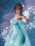  1girl artist_request breasts brown_eyes brown_hair cleavage elsa_(frozen) elsa_(frozen)_(cosplay) glasses hair_ornament hairpin mei_(overwatch) overwatch snowflakes 