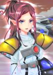  1girl armor artist_request blue_eyes clouds helmet insignia jolly_roger looking_at_viewer macross macross:_do_you_remember_love? macross_delta mecha mirage_farina_jenius open_mouth pilot pilot_suit ponytail purple_hair science_fiction serious spacesuit u.n._spacy variable_fighter vf-1 