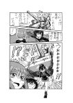  ! 3koma akiyama_yukari animal_ears comic crossover dog_ears dog_tail erica_hartmann explosion gertrud_barkhorn girls_und_panzer ground_vehicle hat highres military military_vehicle monochrome motor_vehicle nishizumi_miho open_mouth running spoken_exclamation_mark strike_witches sweatdrop tail tank translated twintails zatou_(kirsakizato) 