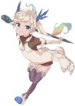  1girl arms_behind_back ass bangs blonde_hair blue_eyes blush breasts collarbone dark_skin dress ebifurya eyebrows eyebrows_visible_through_hair folded_leg full_body gradient_hair granblue_fantasy hair_ornament highres holding holding_staff io_euclase leaning_forward long_hair long_sleeves looking_at_viewer magical_girl multicolored_hair open_mouth outstretched_arms shoes simple_background small_breasts smile solo staff thigh-highs twintails white_background 