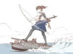  1girl aircraft_carrier bow_(weapon) commentary_request ishii_hisao kaga_(aircraft_carrier) kaga_(kantai_collection) kantai_collection meme military military_vehicle object_namesake quiver ship side_ponytail thigh-highs warship watercraft waterskiing_(meme) weapon 