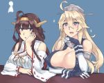  2girls ahoge bare_shoulders blonde_hair blue_eyes breasts brown_eyes brown_hair cleavage detached_sleeves double_bun elbow_gloves evuoaniramu fingerless_gloves front-tie_top gloves hair_between_eyes hairband headgear huge_breasts iowa_(kantai_collection) japanese_clothes kantai_collection kongou_(kantai_collection) multiple_girls nontraditional_miko ribbon-trimmed_sleeves ribbon_trim star star-shaped_pupils symbol-shaped_pupils teruterubouzu 