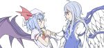  2girls :d alternate_eye_color angel_wings armband ascot asphyxiation bat_wings blue_dress blue_hair brooch choking clenched_teeth dress emblem eye_contact hands_on_another&#039;s_wrists hat hat_ribbon jewelry kenuu_(kenny) lavender_hair long_hair long_sleeves looking_at_another mob_cap multicolored_wings multiple_girls multiple_wings open_mouth profile red_eyes remilia_scarlet ribbon sariel shaded_face shirt short_hair short_sleeves sidelocks silver_hair simple_background smile teeth touhou touhou_(pc-98) trembling turtleneck upper_body white_background white_dress white_shirt wings 