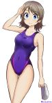  1girl blue_eyes brown_hair competition_swimsuit highres love_live! love_live!_sunshine!! one-piece_swimsuit salute short_hair suzuhara_shima swim_cap swimcap_removed swimsuit watanabe_you 