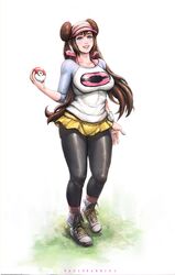  1girl brown_hair double_bun hair_bun highres holding holding_poke_ball looking_at_viewer mei_(pokemon) pantyhose paulo_barrios poke_ball pokemon pokemon_(game) pokemon_bw2 smile solo visor_cap 