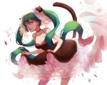  1girl cat_hair_ornament cat_tail dress fang gloves green_eyes green_hair hair_ornament hatsune_miku highres kogomei leaning_forward long_hair looking_at_viewer open_mouth petticoat skirt_hold solo tail tongue twintails very_long_hair vocaloid white_background 