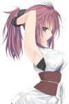  1girl absurdres armpits arms_up bare_shoulders black_eyes commentary_request eyebrows eyebrows_visible_through_hair fingerless_gloves gloves hair_ribbon hair_tie highres hunter_x_hunter japanese_clothes long_hair looking_at_viewer machi_(hunter_x_hunter) nao_(qqqbb) obi ponytail purple_hair ribbon sash short_sleeves simple_background white_background 