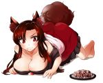  1girl all_fours animal_ears bare_shoulders barefoot blush breasts brown_hair cleavage diohazard dress food imaizumi_kagerou large_breasts long_hair off_shoulder red_eyes saliva simple_background solo steak sweat tail touhou white_background wolf_ears wolf_tail 